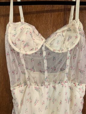 Floral Mesh Slip Dress in Cream with Pink Roses